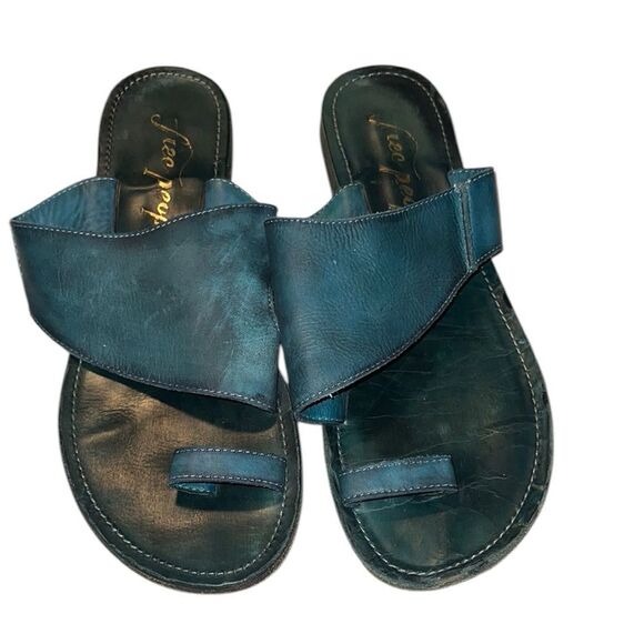 Free People Blue Green Leather Slide Sandals Size 41 - Picture 1 of 5